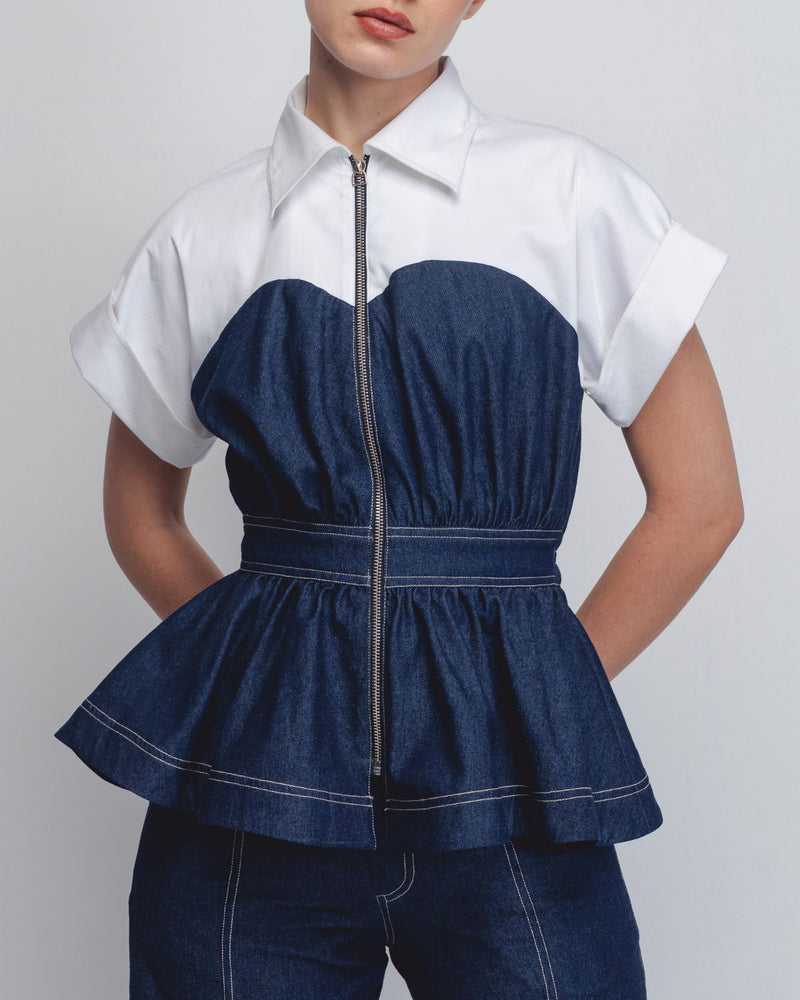 Cup Zipper Top - Denim Blue + White cotton Buy Cup Zipper Top - Denim Blue + White from C&W | Tops And Shirts for Women by Leh Studios in white color for women in Singapore