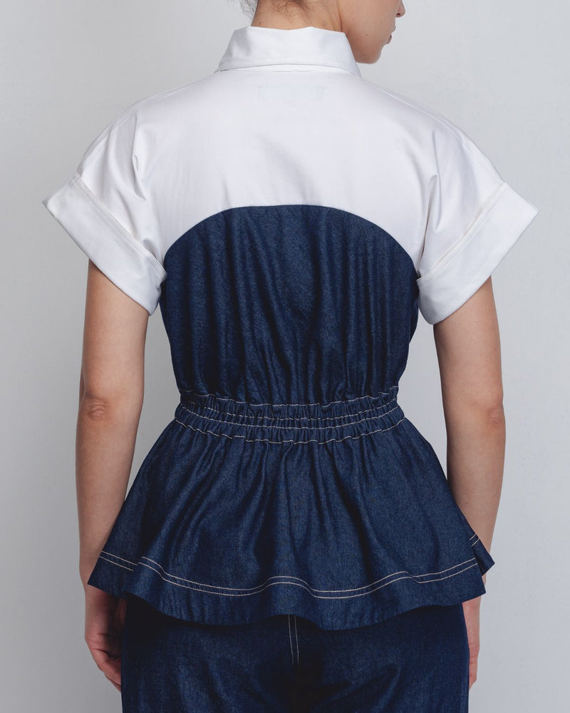 Cup Zipper Top - Denim Blue + White cotton Buy Cup Zipper Top - Denim Blue + White from C&W | Tops And Shirts for Women by Leh Studios in white color for women in Singapore