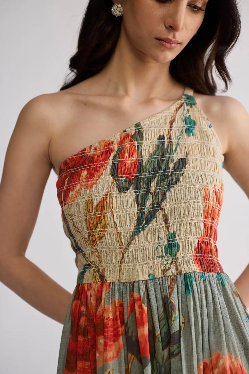 CABBAGE ROSE SMOCKED ONE SHOULDER DRESS cotton cambric dress by YAM in multicolor for women in Singapore