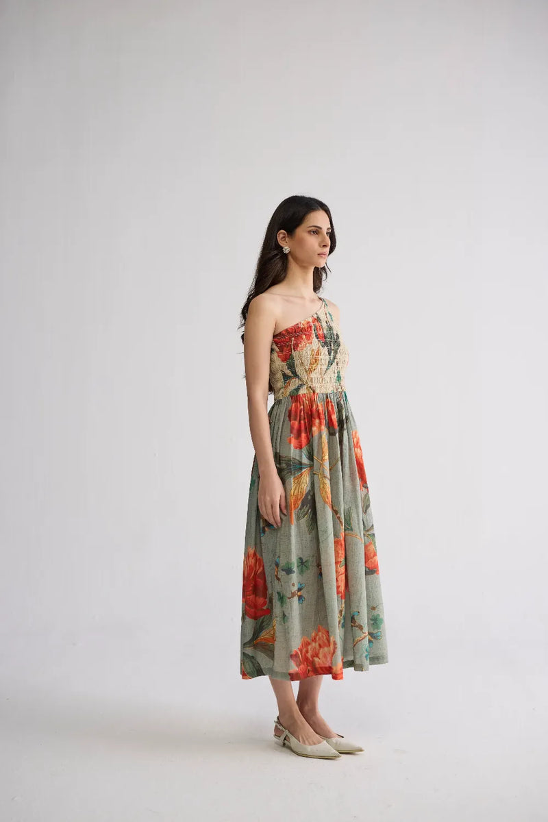 CABBAGE ROSE SMOCKED ONE SHOULDER DRESS cotton cambric dress by YAM in multicolor for women in Singapore
