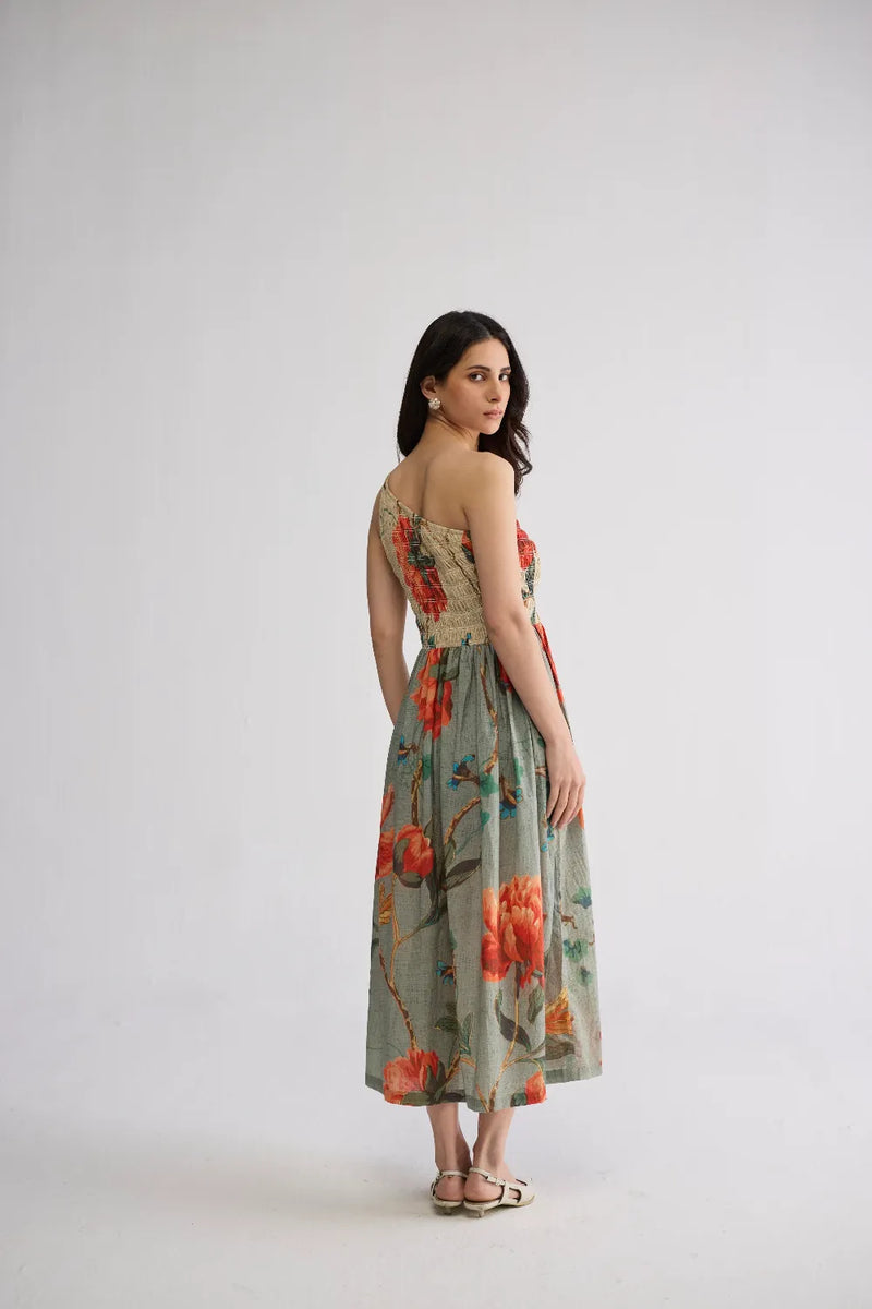 CABBAGE ROSE SMOCKED ONE SHOULDER DRESS cotton cambric dress by YAM in multicolor for women in Singapore