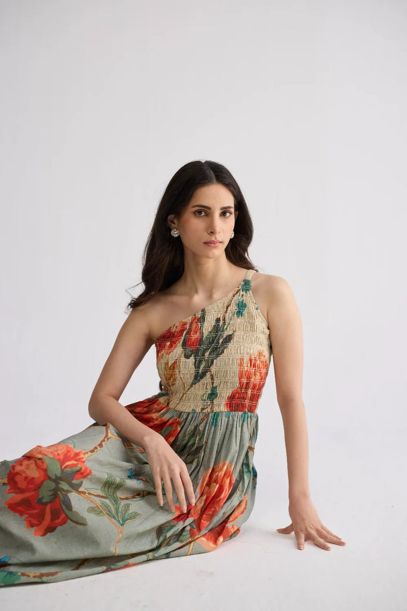 CABBAGE ROSE SMOCKED ONE SHOULDER DRESS cotton cambric dress by YAM in multicolor for women in Singapore