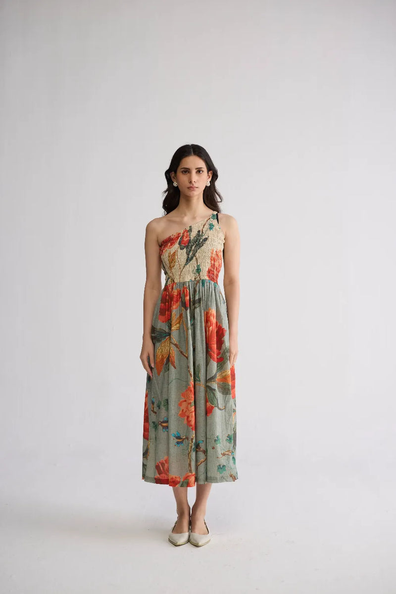CABBAGE ROSE SMOCKED ONE SHOULDER DRESS cotton cambric dress by YAM in multicolor for women in Singapore