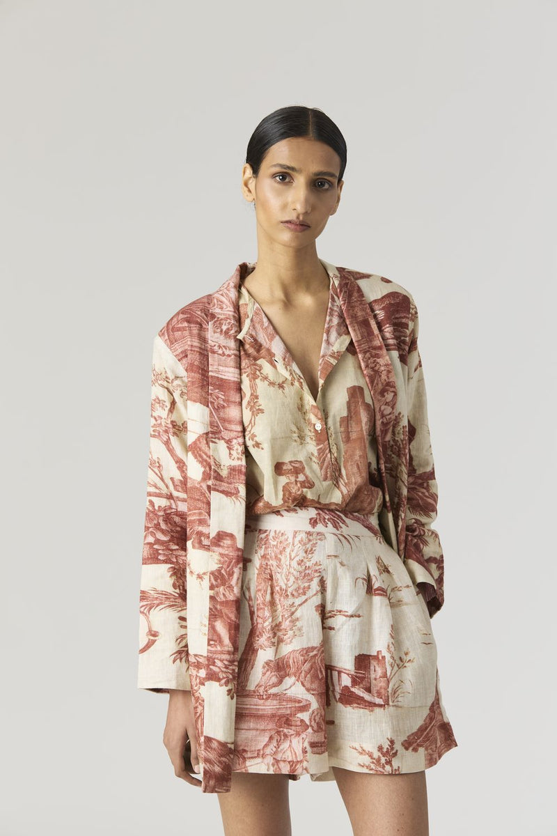 CABRIDET BLAZER & SHORTS SET linen by Yam in red color for women in Singapore