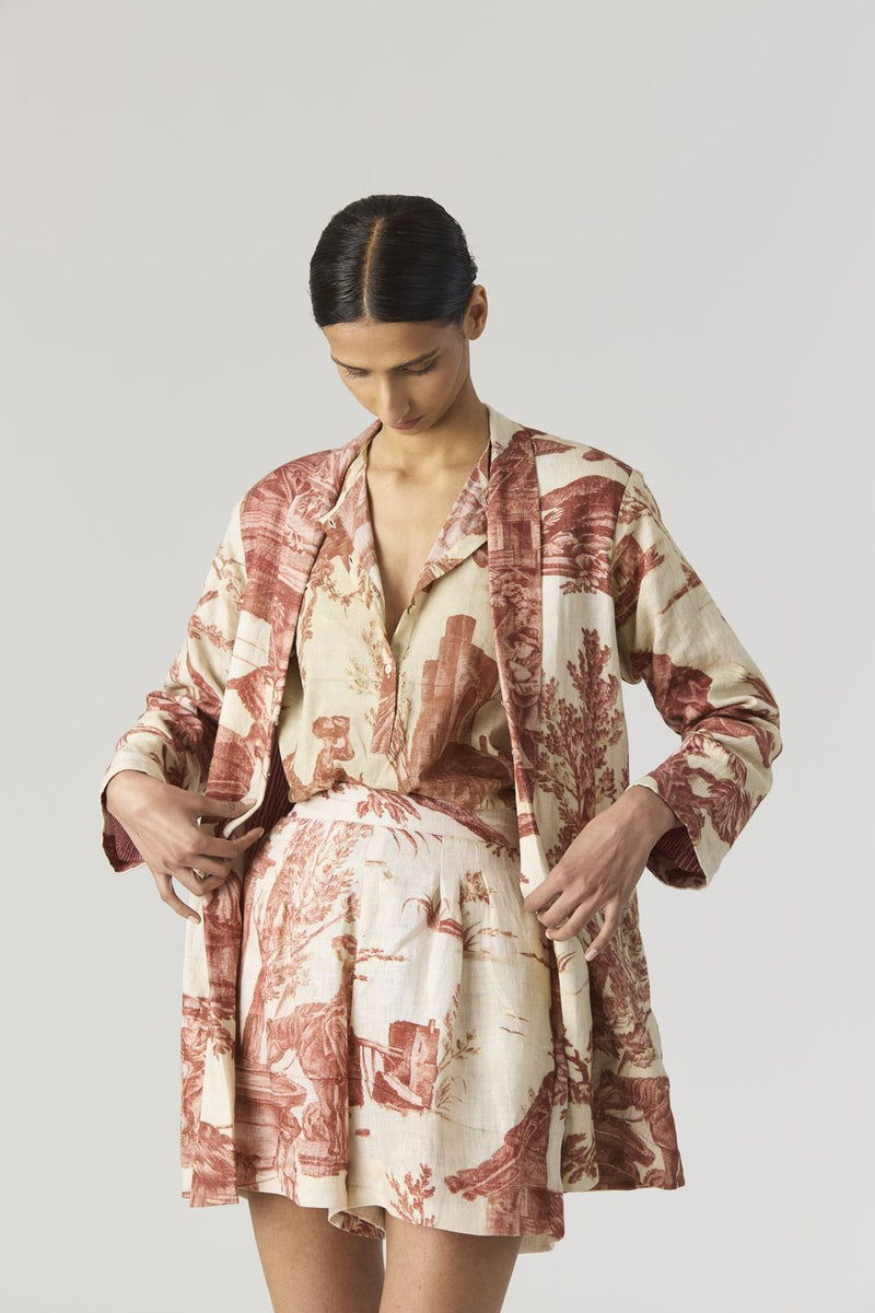 CABRIDET BLAZER , SHIRT & SHORTS SET linen by Yam in red color for women in Singapore