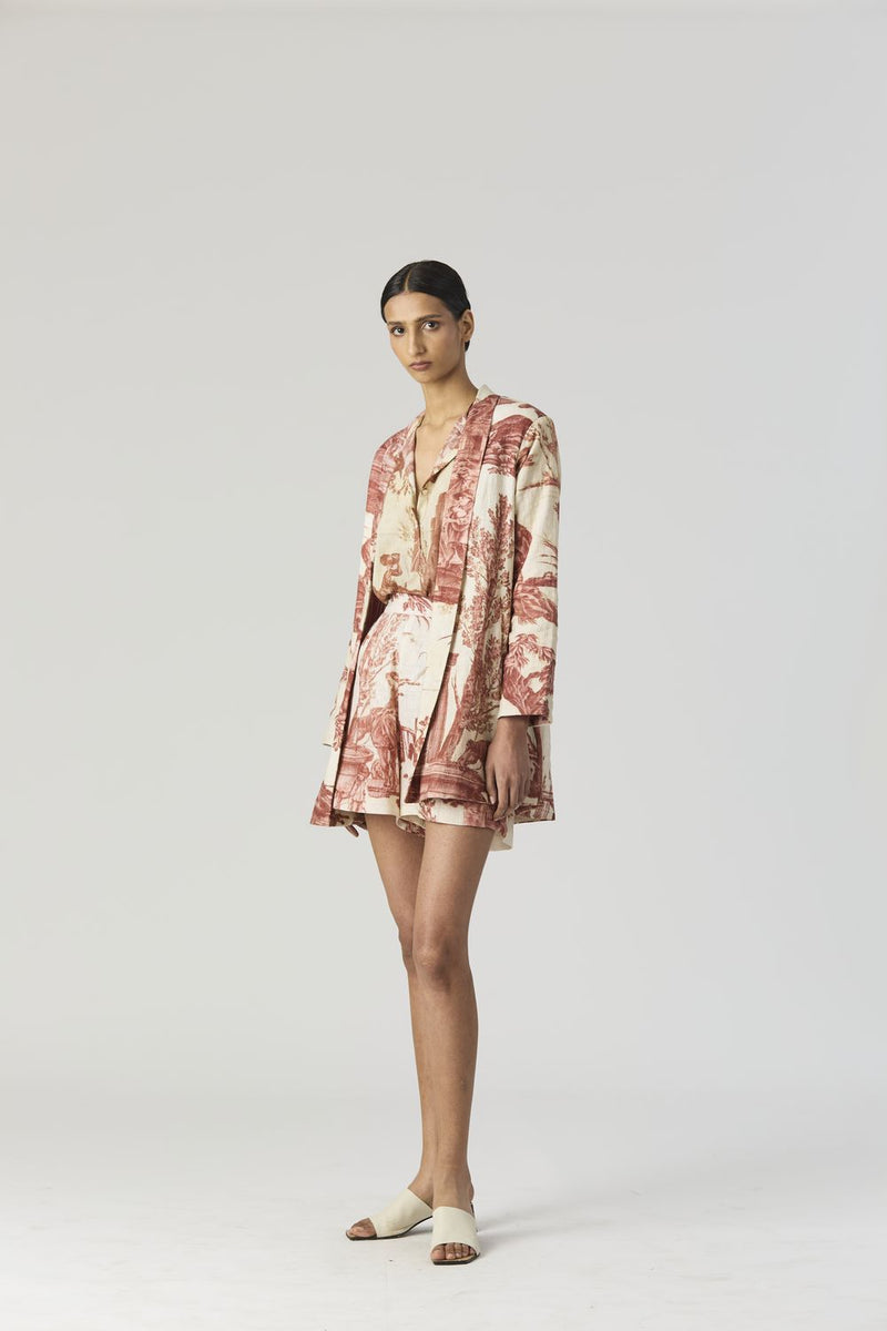 CABRIDET BLAZER , SHIRT & SHORTS SET linen by Yam in red color for women in Singapore