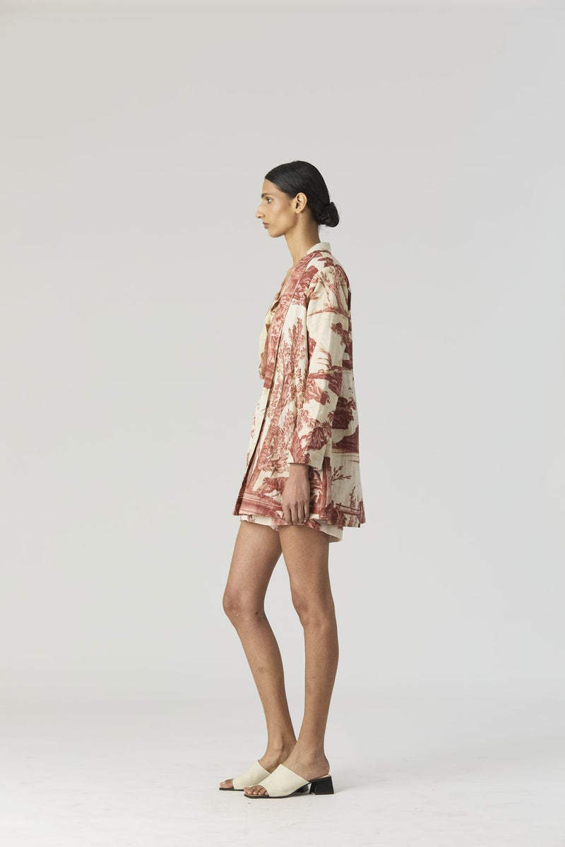 CABRIDET BLAZER , SHIRT & SHORTS SET linen by Yam in red color for women in Singapore
