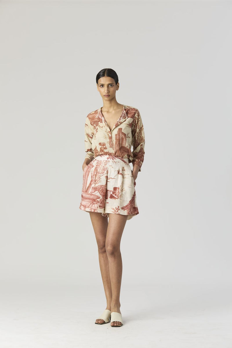 CABRIDET BLAZER , SHIRT & SHORTS SET linen by Yam in red color for women in Singapore