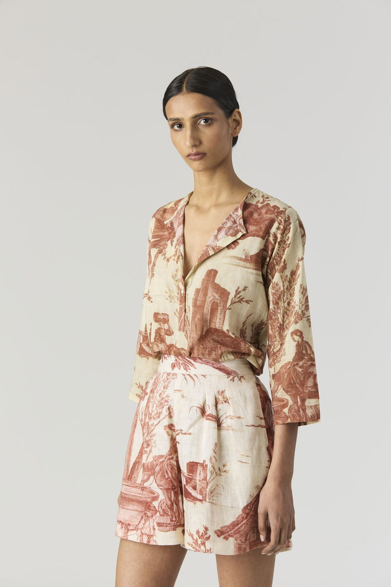 CABRIDET BLAZER , SHIRT & SHORTS SET linen by Yam in red color for women in Singapore