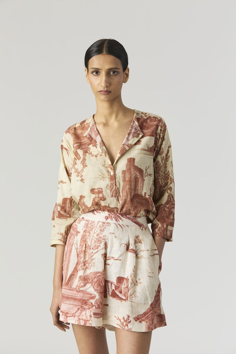 CABRIDET BLAZER , SHIRT & SHORTS SET linen by Yam in red color for women in Singapore