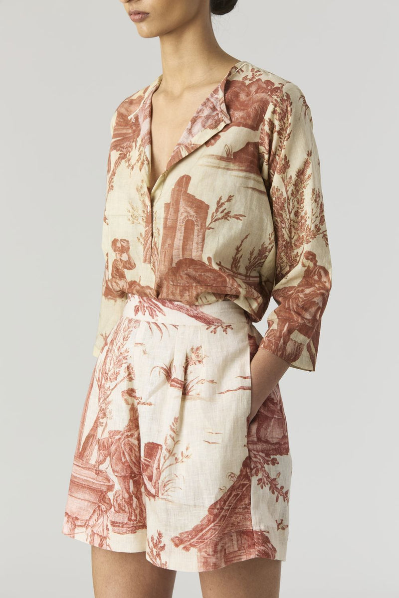 CABRIDET BLAZER , SHIRT & SHORTS SET linen by Yam in red color for women in Singapore