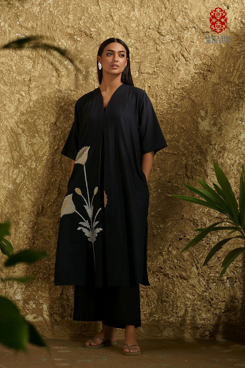 Caftan dress muslin black and silver poppy flower applique cotton muslin kurta/kurta set by Malika Mathur in black for women in Singapore