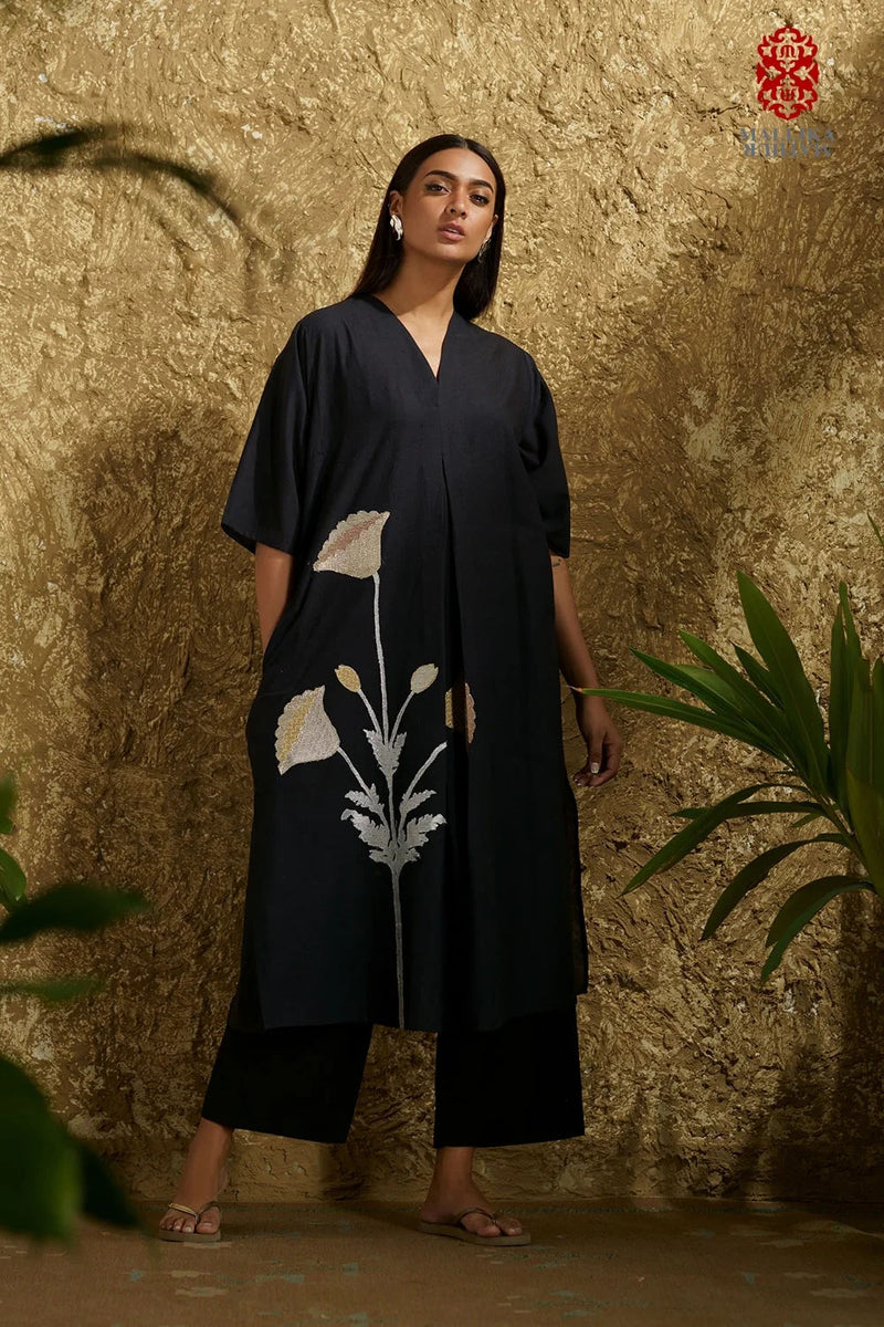 Caftan dress muslin black and silver poppy flower applique cotton muslin kurta/kurta set by Malika Mathur in black for women in Singapore