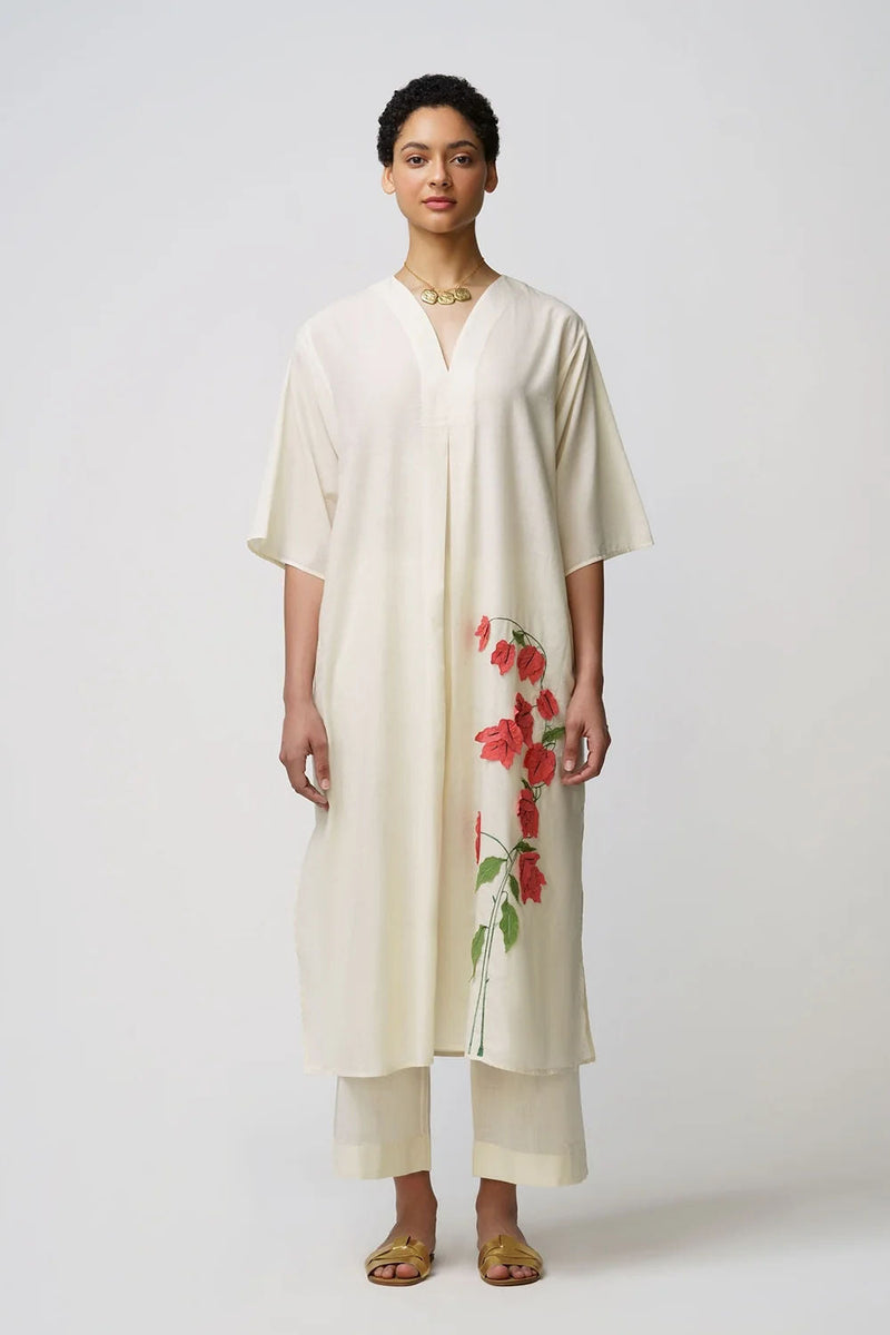 Caftan dress muslin bougainvillea applique muslin cotton kurta/kurta set by Malika Mathur in natural for women in Singapore