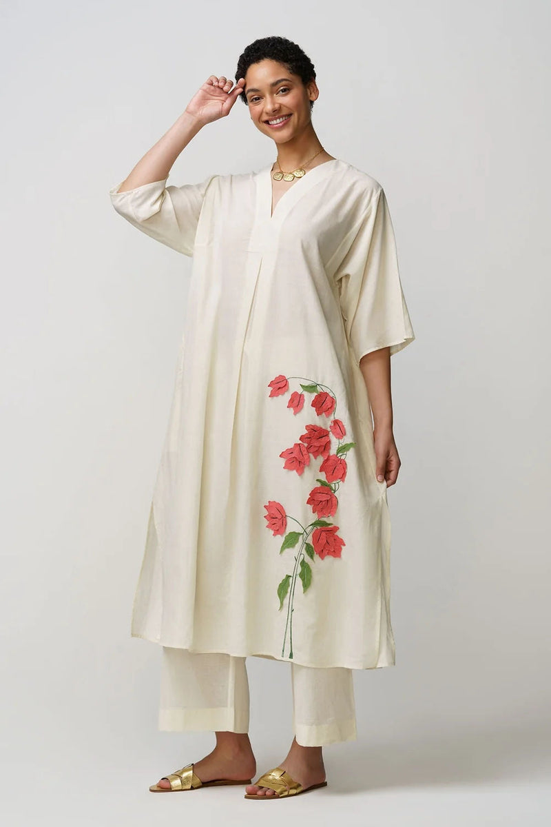 Caftan dress muslin bougainvillea applique muslin cotton kurta/kurta set by Malika Mathur in natural for women in Singapore
