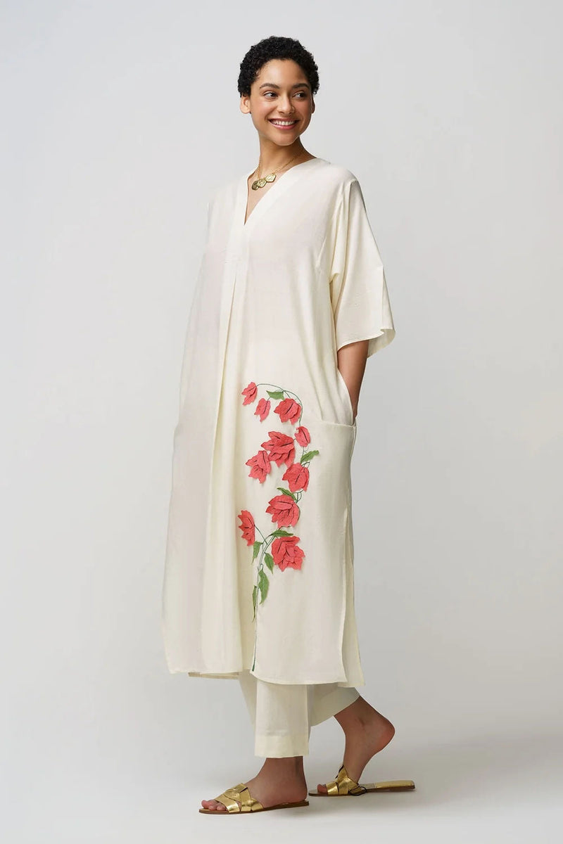 Caftan dress muslin bougainvillea applique muslin cotton kurta/kurta set by Malika Mathur in natural for women in Singapore