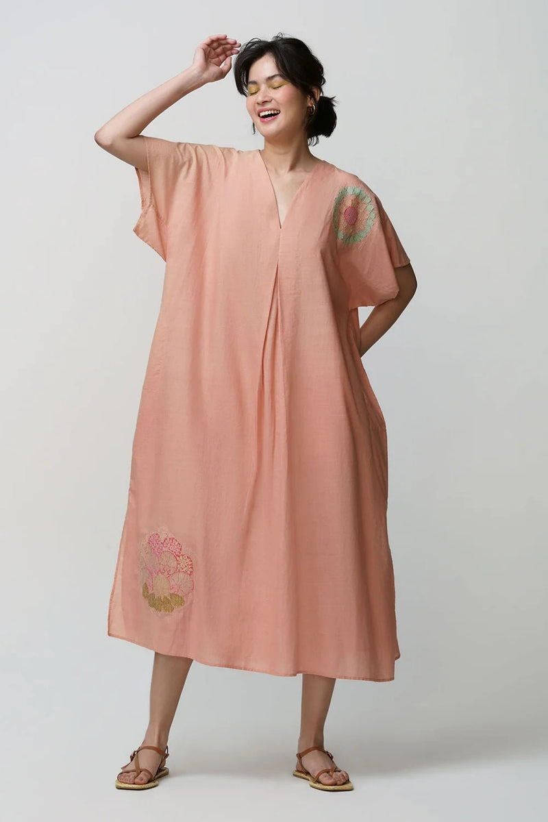 Caftan dress muslin chakri design applique muslin cotton kurta/kurta set by Malika Mathur in blush for women in Singapore