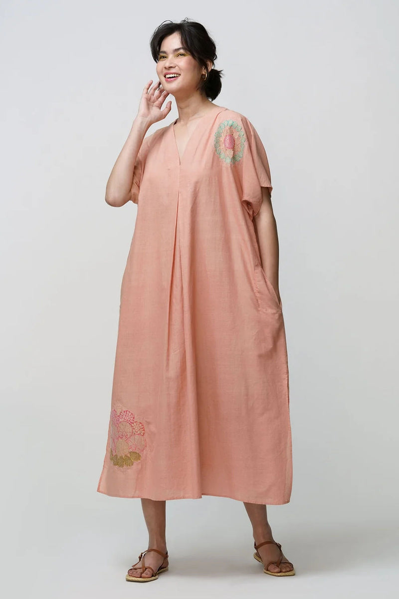 Caftan dress muslin chakri design applique muslin cotton kurta/kurta set by Malika Mathur in blush for women in Singapore