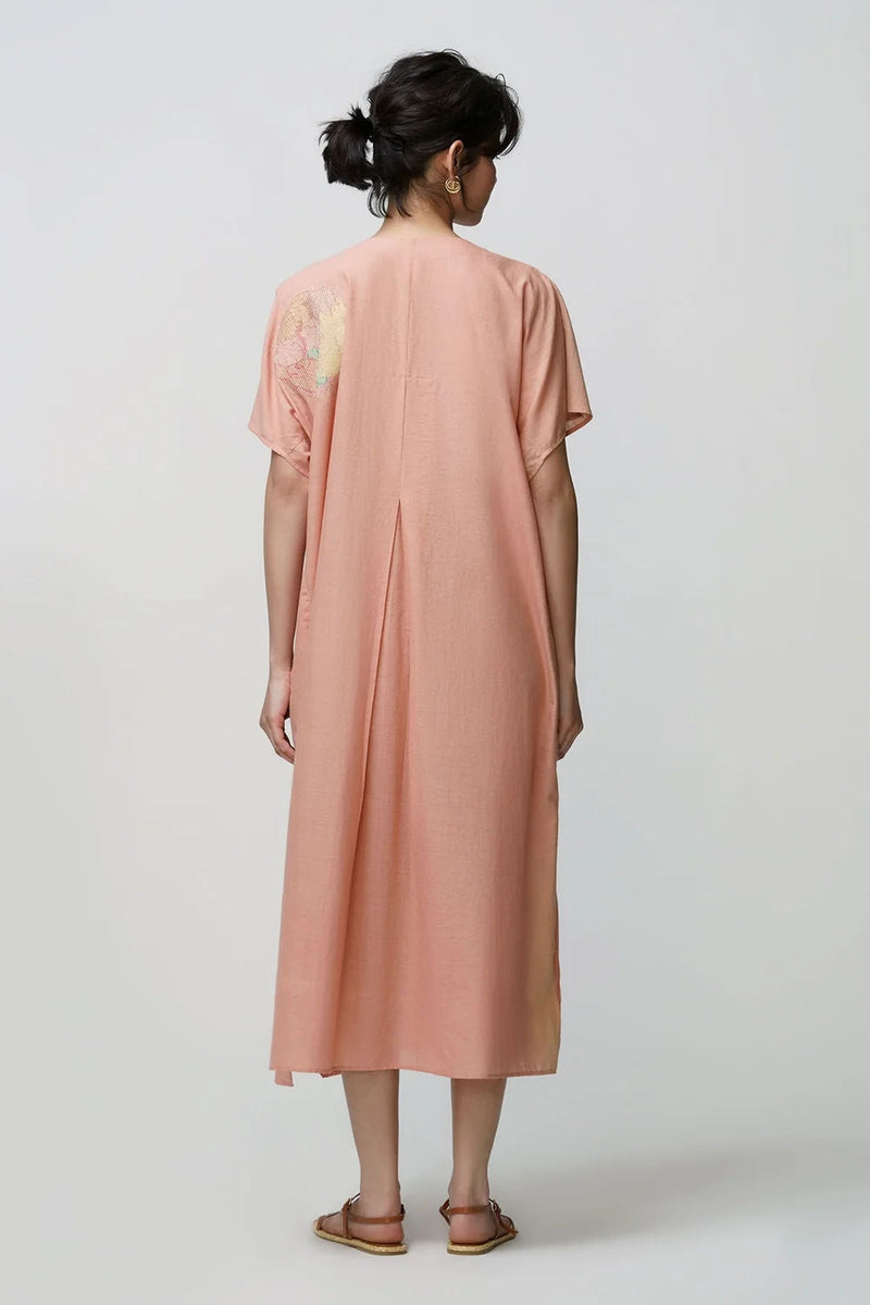 Caftan dress muslin chakri design applique muslin cotton kurta/kurta set by Malika Mathur in blush for women in Singapore