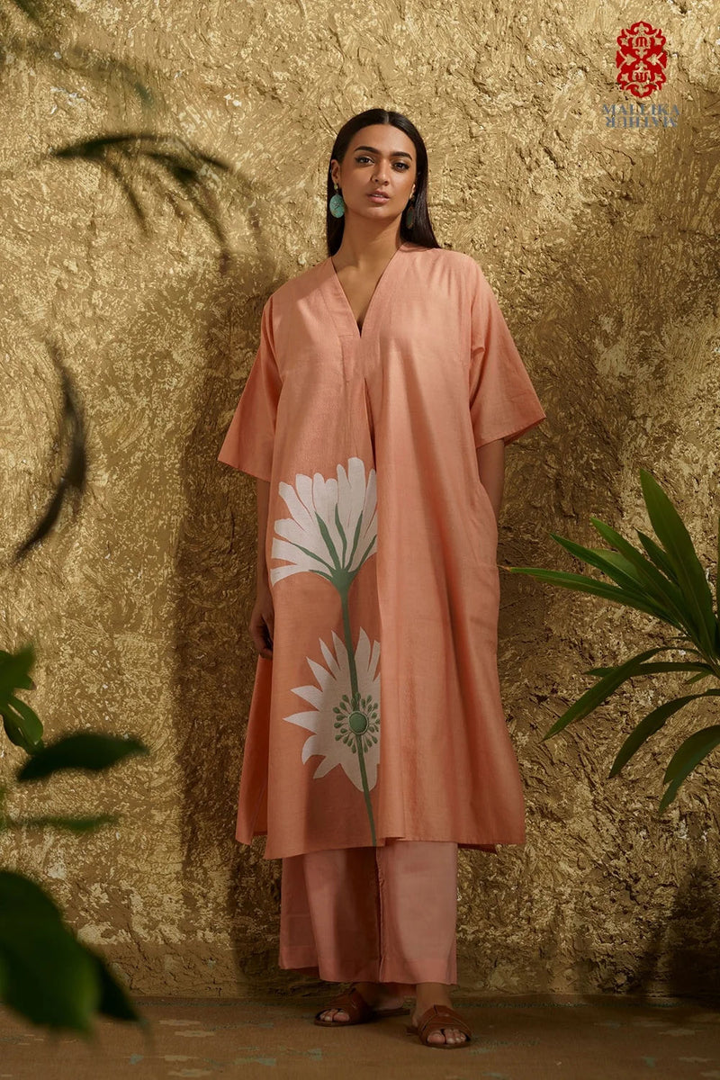 Caftan dress muslin coral blush Peony flower applique cotton muslin kurta/kurta set by Malika Mathur in peach for women in Singapore