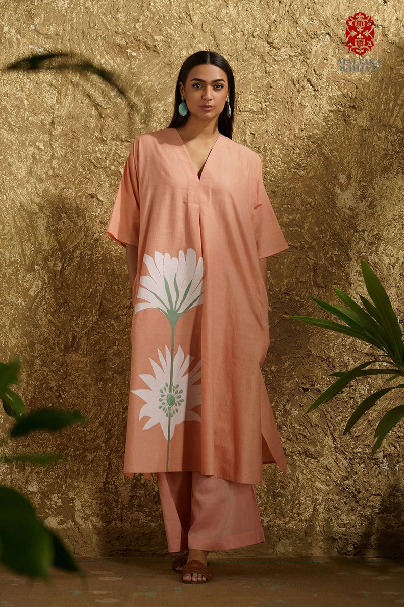 Caftan dress muslin coral blush Peony flower applique cotton muslin kurta/kurta set by Malika Mathur in peach for women in Singapore