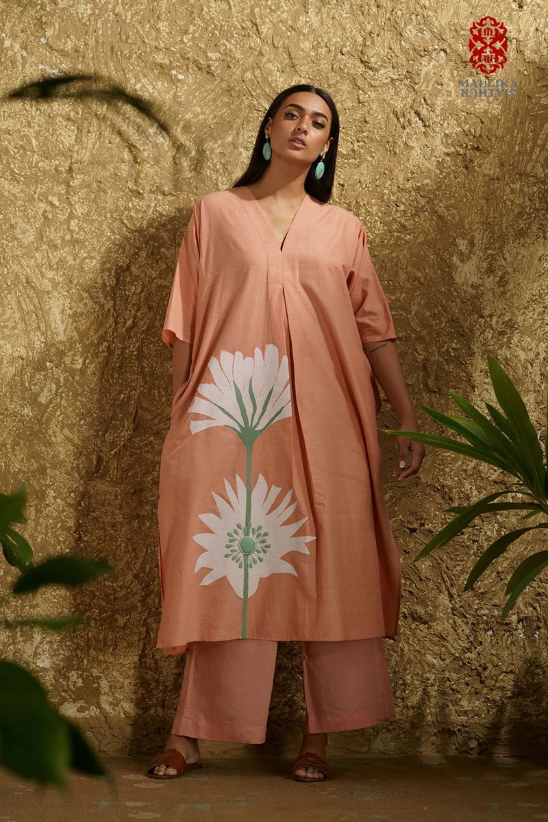 Caftan dress muslin coral blush Peony flower applique cotton muslin kurta/kurta set by Malika Mathur in peach for women in Singapore
