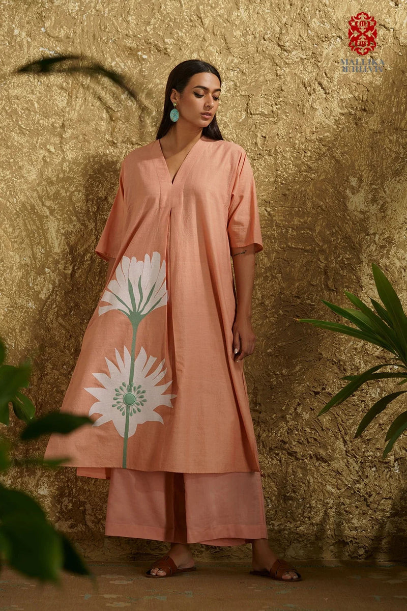 Caftan dress muslin coral blush Peony flower applique cotton muslin kurta/kurta set by Malika Mathur in peach for women in Singapore