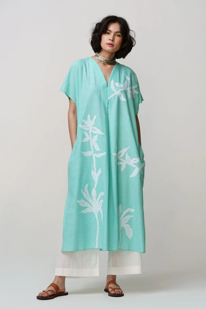 Caftan dress muslin flower jaal applique muslin cotton kurta/kurta set by Malika Mathur in blue lagoon for women in Singapore