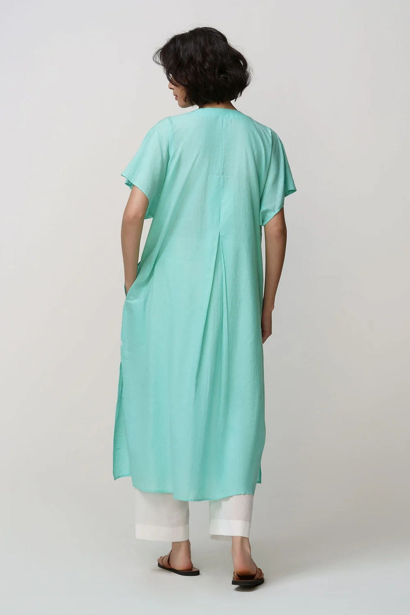 Caftan dress muslin flower jaal applique muslin cotton kurta/kurta set by Malika Mathur in blue lagoon for women in Singapore