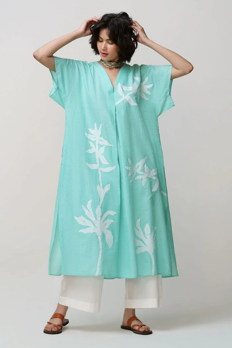 Caftan dress muslin flower jaal applique muslin cotton kurta/kurta set by Malika Mathur in blue lagoon for women in Singapore