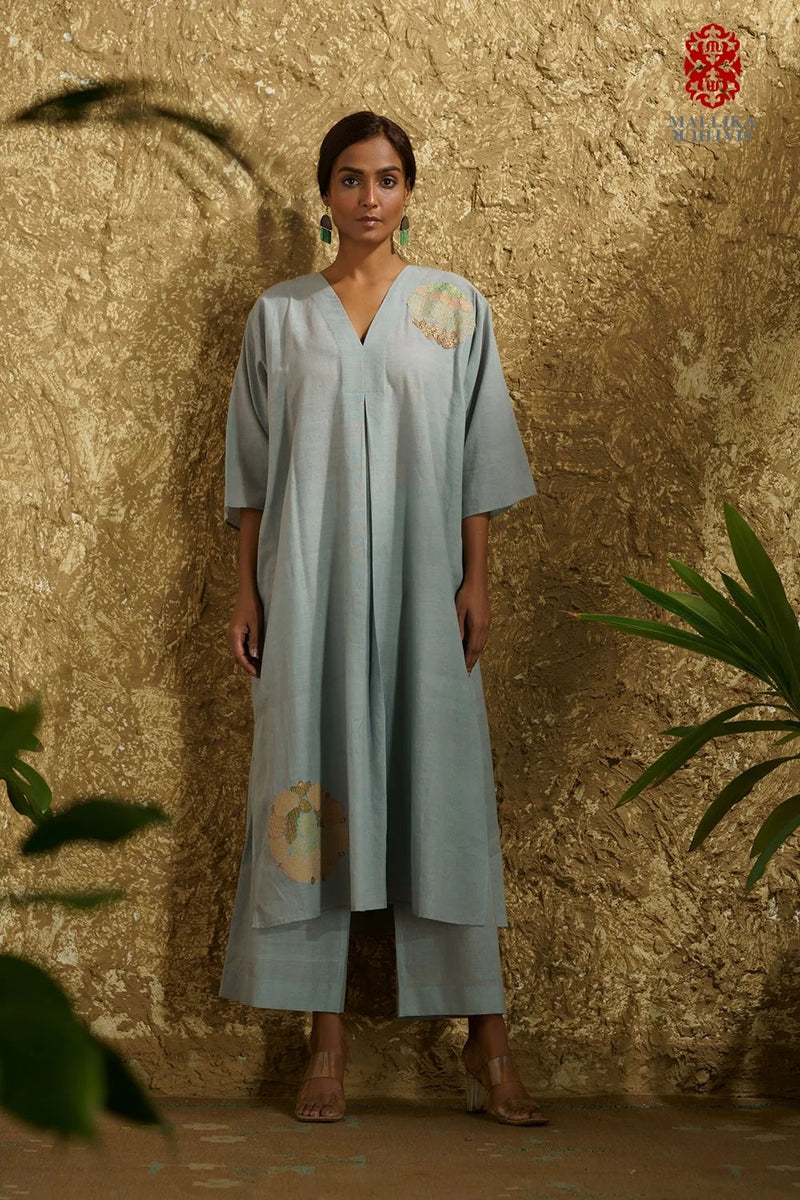 Caftan dress muslin ice blue Chakri design applique cotton muslin kurta/kurta set by Malika Mathur in light blue for women in Singapore