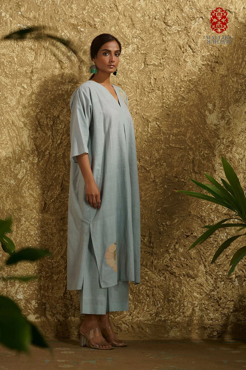 Caftan dress muslin ice blue Chakri design applique cotton muslin kurta/kurta set by Malika Mathur in light blue for women in Singapore