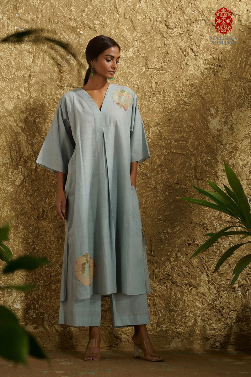 Caftan dress muslin ice blue Chakri design applique cotton muslin kurta/kurta set by Malika Mathur in light blue for women in Singapore