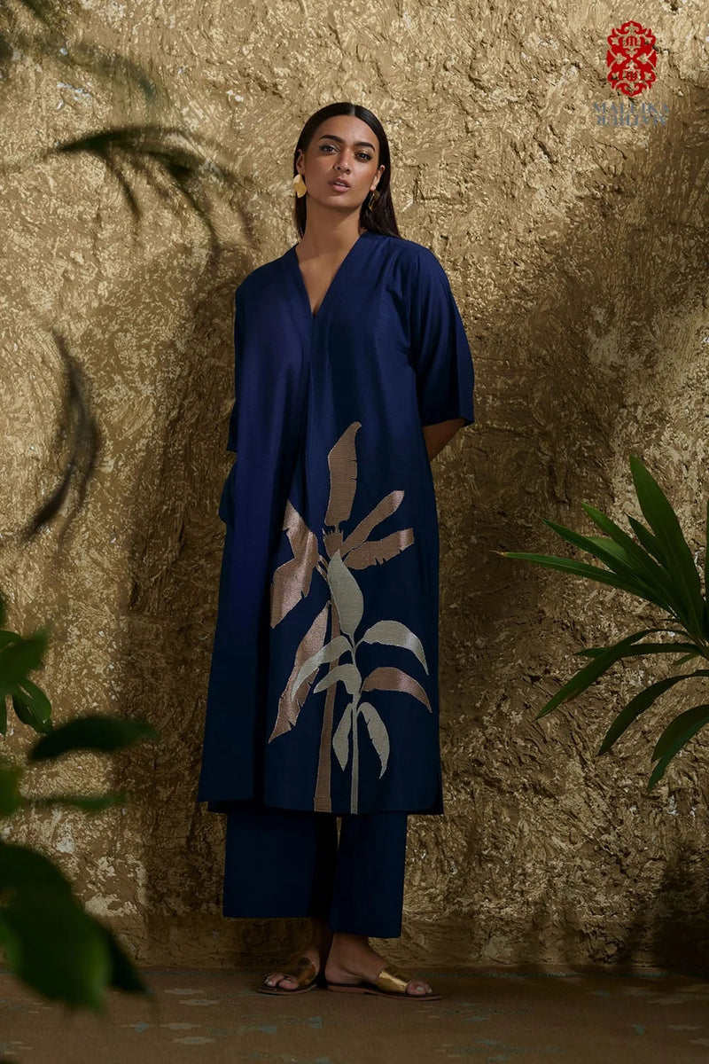 Caftan dress muslin midnight blue and zari Plantain leaf applique cotton muslin kurta/kurta set by Malika Mathur in blue for women in Singapore
