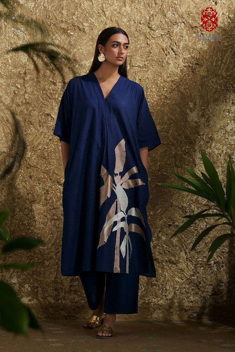 Caftan dress muslin midnight blue and zari Plantain leaf applique cotton muslin kurta/kurta set by Malika Mathur in blue for women in Singapore