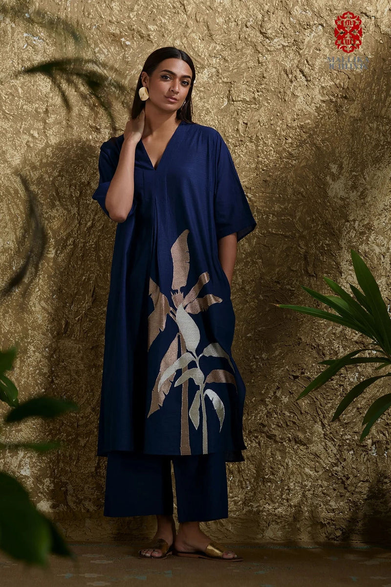 Caftan dress muslin midnight blue and zari Plantain leaf applique cotton muslin kurta/kurta set by Malika Mathur in blue for women in Singapore