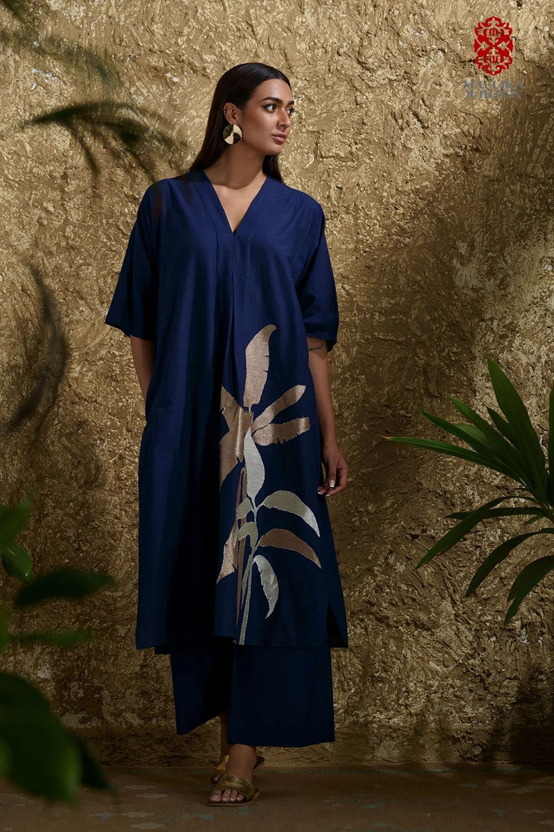 Caftan dress muslin midnight blue and zari Plantain leaf applique cotton muslin kurta/kurta set by Malika Mathur in blue for women in Singapore