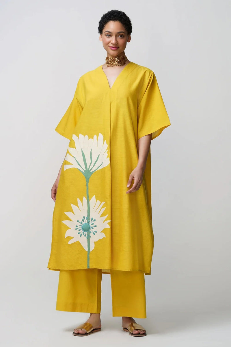 Caftan dress muslin peony flower applique muslin cotton kurta/kurta set by Malika Mathur in yellow for women in Singapore
