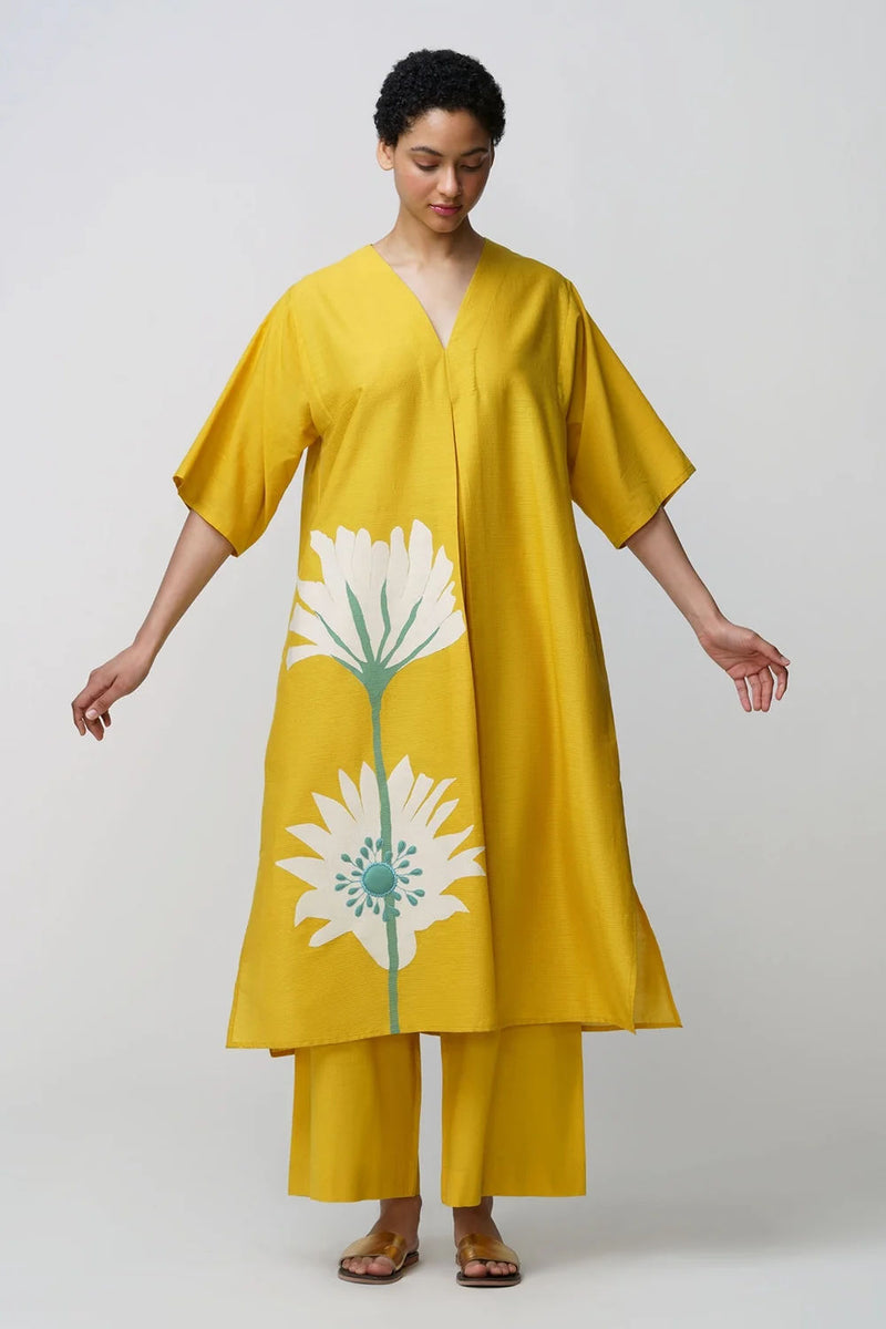 Caftan dress muslin peony flower applique muslin cotton kurta/kurta set by Malika Mathur in yellow for women in Singapore
