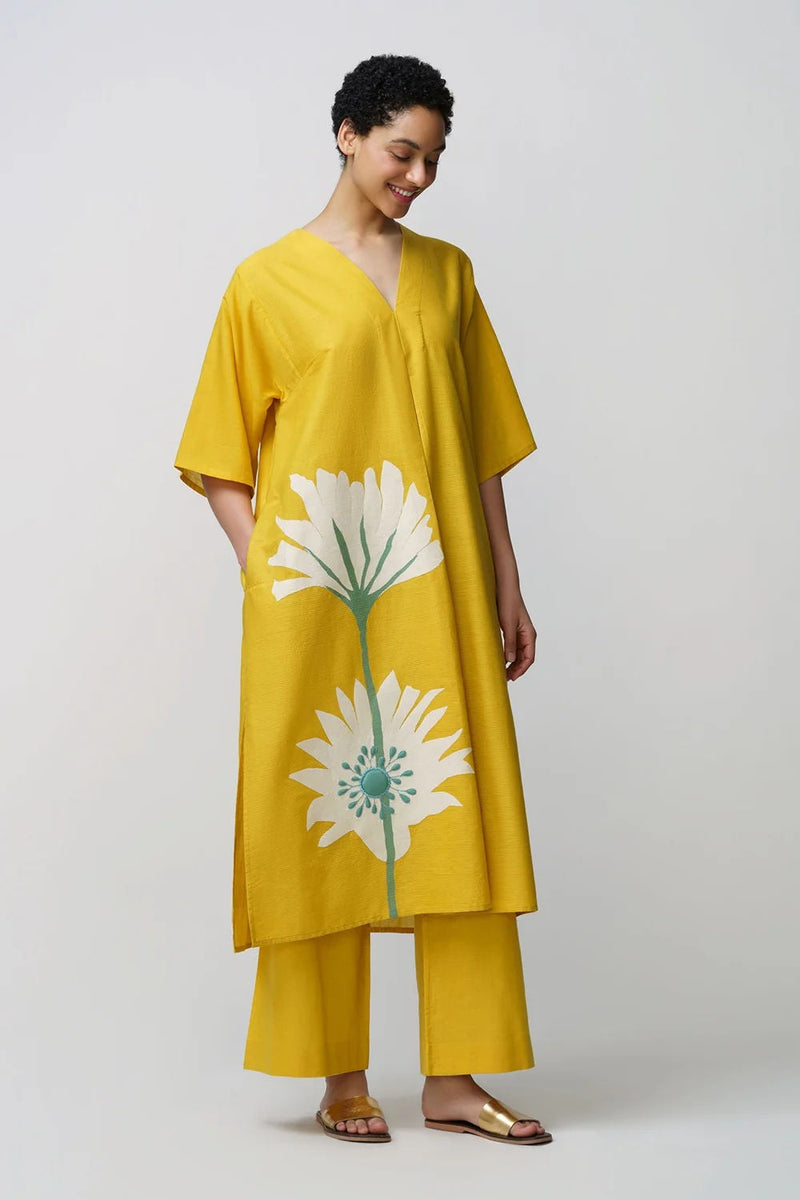 Caftan dress muslin peony flower applique muslin cotton kurta/kurta set by Malika Mathur in yellow for women in Singapore