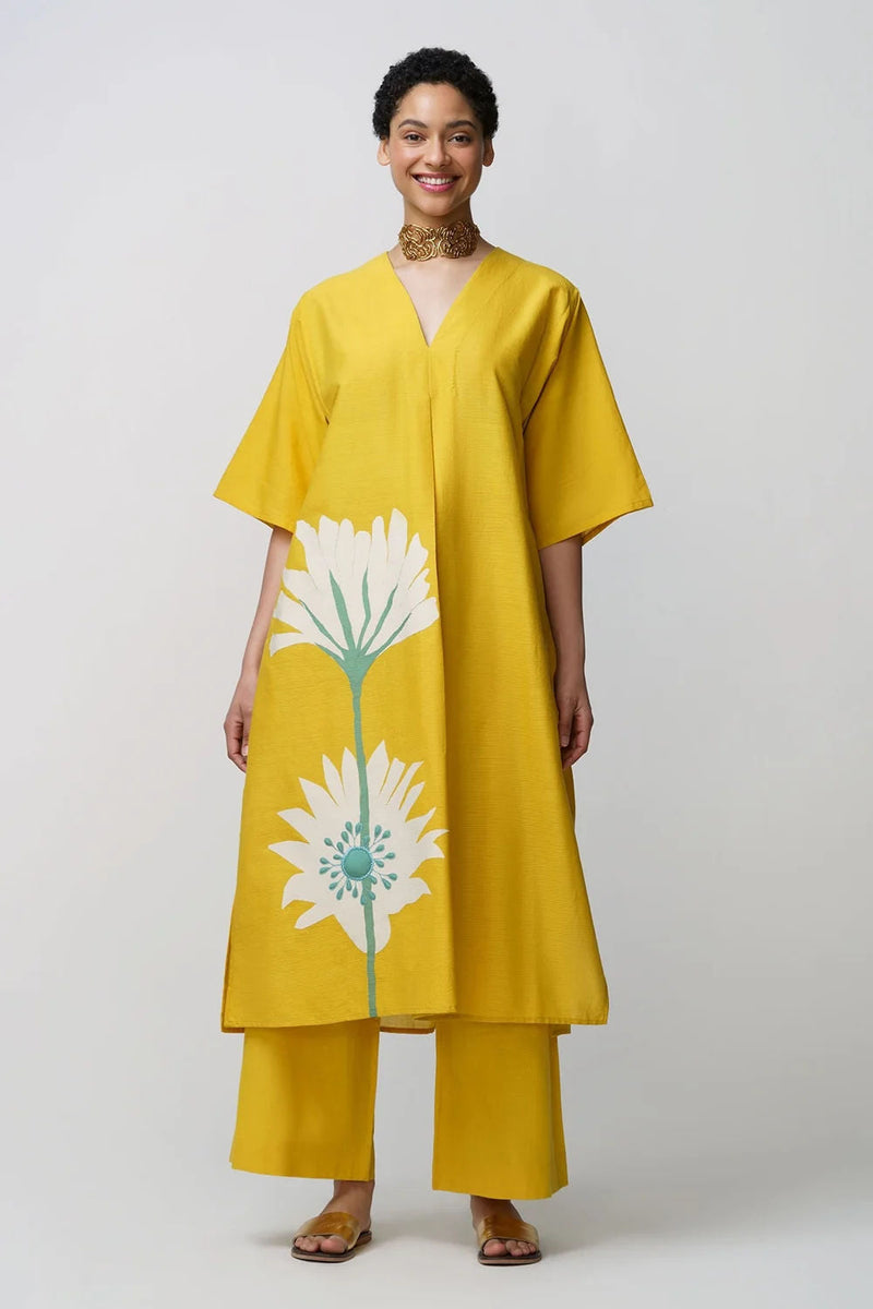 Caftan dress muslin peony flower applique muslin cotton kurta/kurta set by Malika Mathur in yellow for women in Singapore