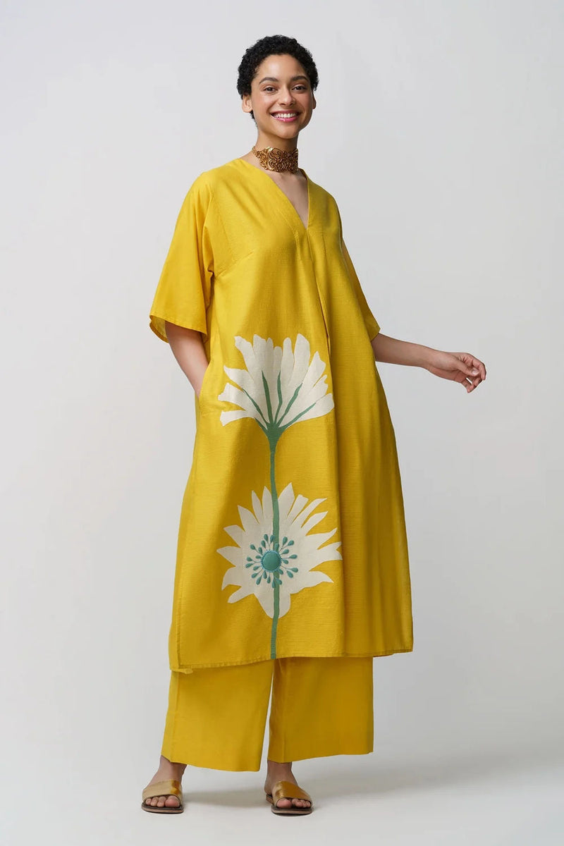 Caftan dress muslin peony flower applique muslin cotton kurta/kurta set by Malika Mathur in yellow for women in Singapore