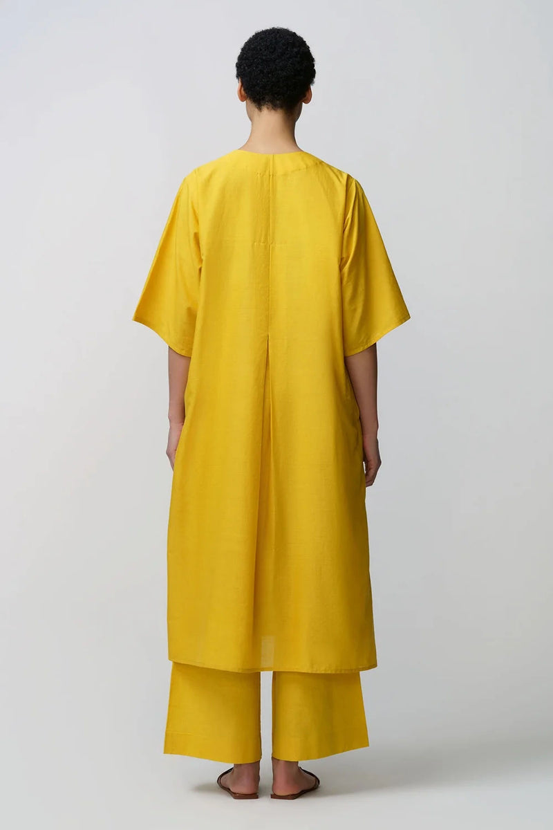 Caftan dress muslin peony flower applique muslin cotton kurta/kurta set by Malika Mathur in yellow for women in Singapore