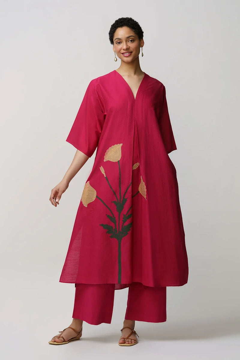 Caftan dress muslin poppy flower applique muslin cotton kurta/kurta set by Malika Mathur in red for women in Singapore