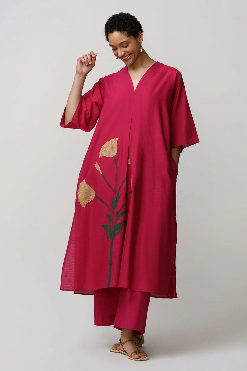Caftan dress muslin poppy flower applique muslin cotton kurta/kurta set by Malika Mathur in red for women in Singapore