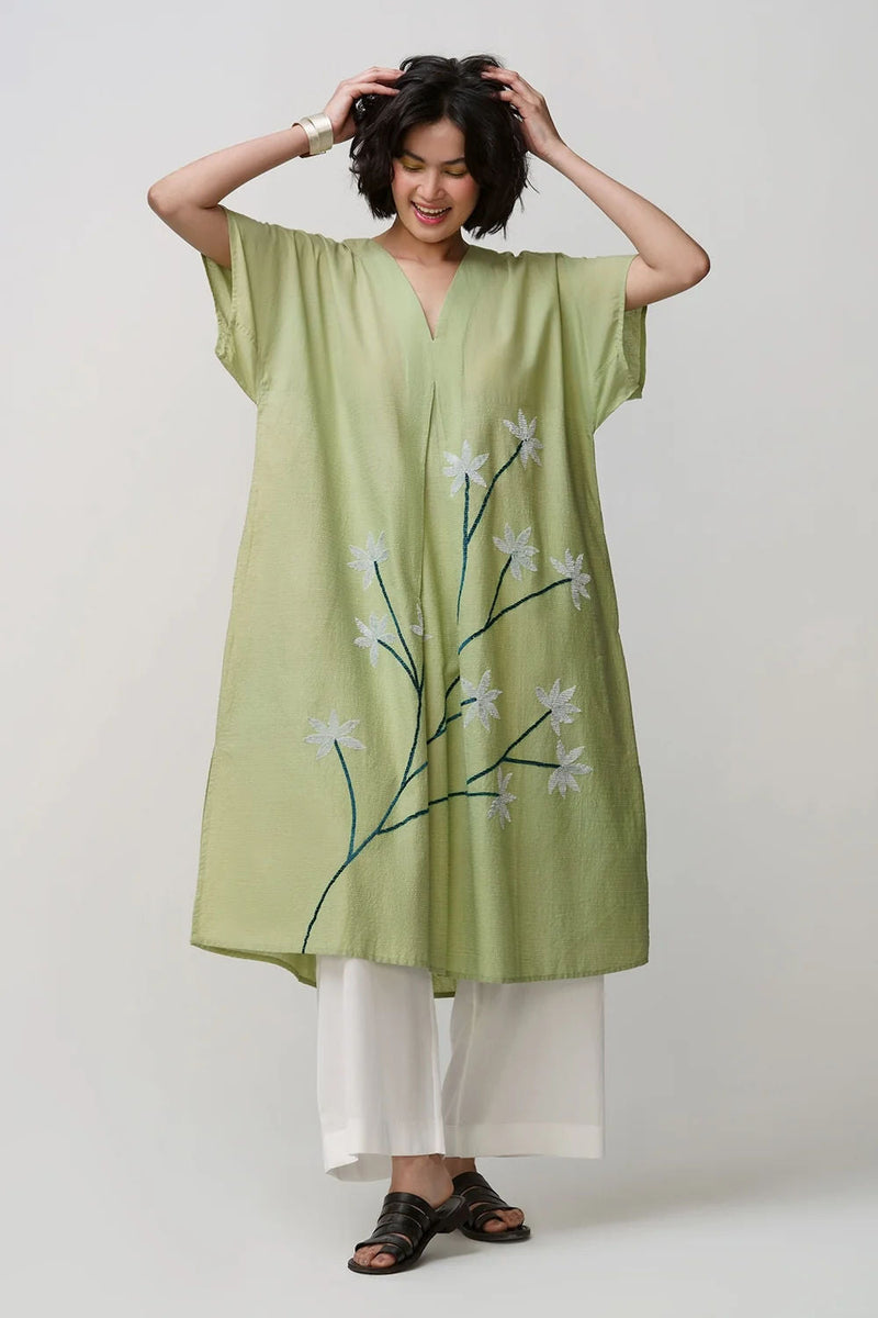 Caftan dress muslin sage green oriental flower applique muslin cotton kurta/kurta set by Malika Mathur in green for women in Singapore