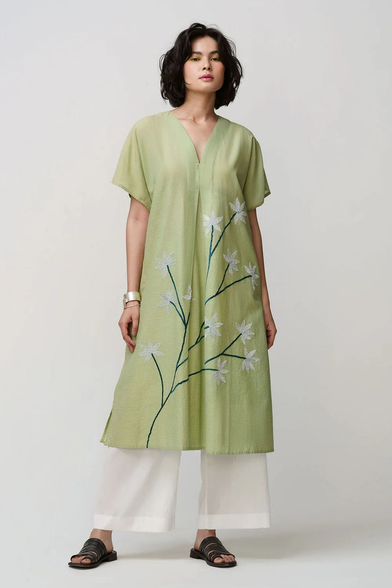 Caftan dress muslin sage green oriental flower applique muslin cotton kurta/kurta set by Malika Mathur in green for women in Singapore