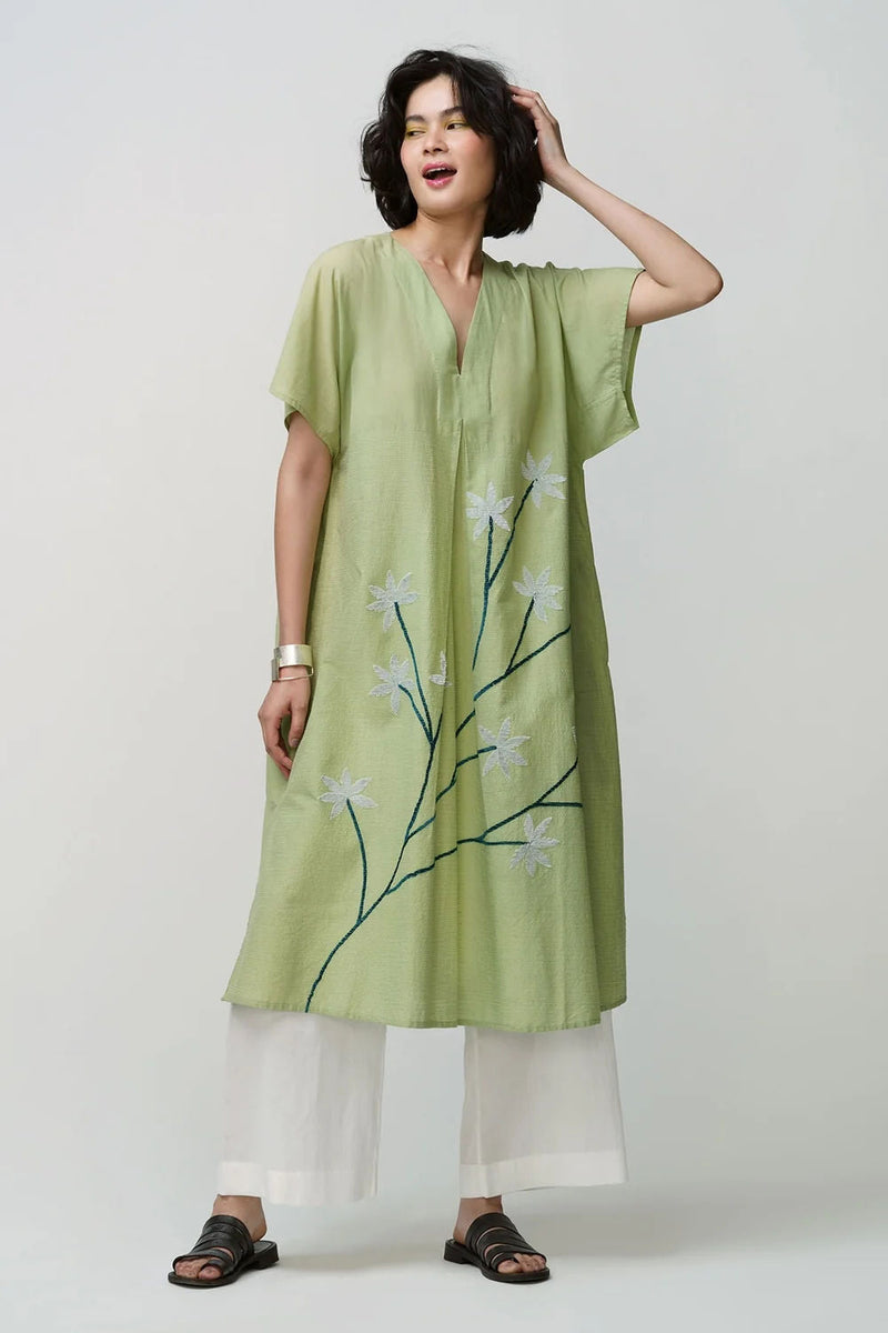 Caftan dress muslin sage green oriental flower applique muslin cotton kurta/kurta set by Malika Mathur in green for women in Singapore