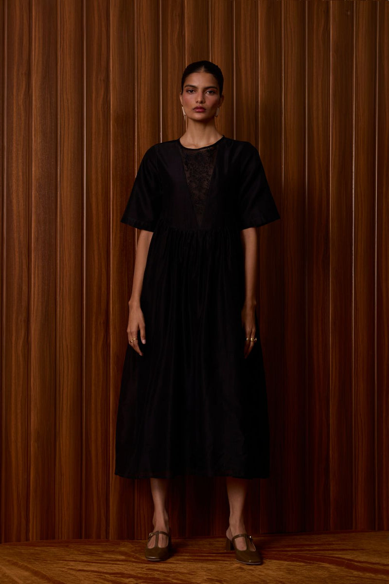 Callisto Black Handwoven Dress chanderi by The Summer House in black color for women in Singapore