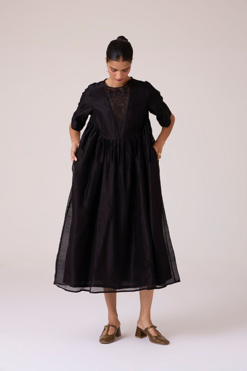 Callisto Black Handwoven Dress chanderi by The Summer House in black color for women in Singapore